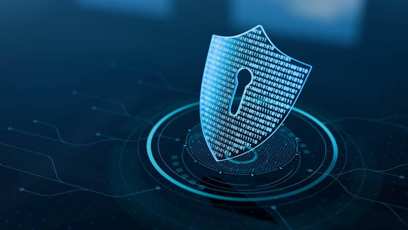 Digital security shield with binary code and keyhole